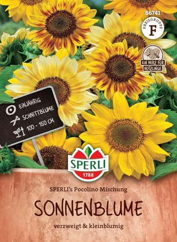 SPERLI Sonnenblumensamen SPERLI's Pocolino Mischung, Mehrfarbige Kleinblumen, Einjährige 3-4m Hohe Pflanzen, Ideal zum Schnitt, Blütezeit August-Oktober