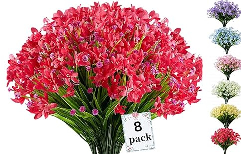 8 Bundles Artificial Daffodils, UV Resistant,Indoor Outdoor Decor, Red | UV Resistant Fake Daffodils,No Fade Faux Plastic Plants for Wedding Bouquet Home Garden Kitchen Office Table Vase,outdoor,Red