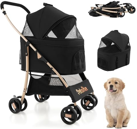 GYMAX Hundewagen 3 in 1, klappbar Hundebuggy mit abnehmbarem Träger & verstellbaren Verdeck, bis 15kg, Hundebox mit Netzfenstern, Haustierwagen für kleine/mittelgroße Hunde & Katzen(Schwarz)