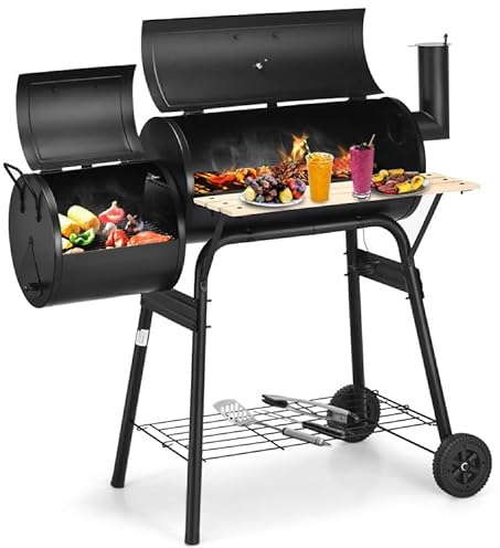 Panana Charcoal Grill Offset Smoker with Cove,Barrel Charcoal Grill with Side Table, Barrel BBQ Trolley with 3 Storage Shelves & Thermometer for Outdoor Garden Camping Picnic Cooking, Black