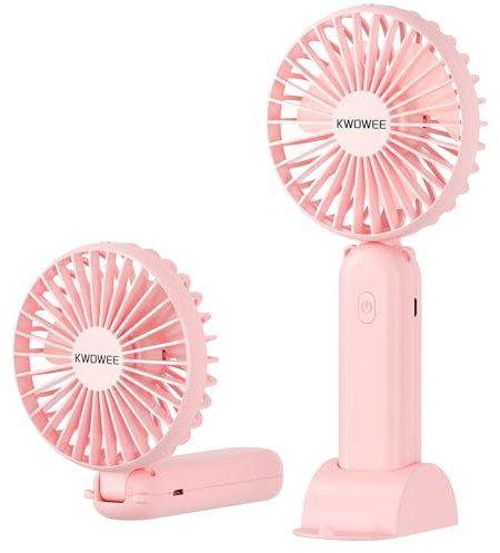 KWOWEE Handheld Fan, Handheld Protable Rechargeable Fan with 3 Speed, Desk Handheld Electric Fans with USB Charging Port, Small USB Rechargeable Fans with 90° Folding for Home Office Travel (Pink)