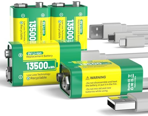 9 V Rechargeable Battery, 13500mWh 9 V High Capacity Lithium Batteries, with USB-C Fast Charging Cable, Ideal for Smoke Detectors, Microphone, Alarms, Toys, Torches, Medical Devices etc. (Pack of 4)