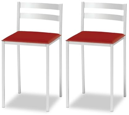 ASTIMESA 2 Taburetes de Cocina con Respaldo bajo, Franjas horizontales y Asiento tapizado - Estructura Color Blanco - Asiento en Polipiel Rojo