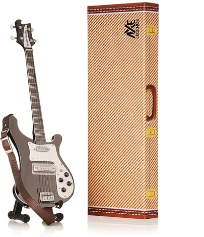 Rush Miniature Rick Bass Guitar | Handmade Wooden Mini Replica by Axe Legends | Includes Personalised Mini Leather Guitar Strap and A-Frame Display Stand | 25 cms Tall | Shipped in Gift Box