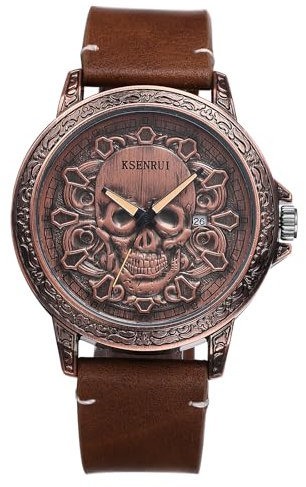 JewelryWe Herrenuhr Steampunk Echtleder Uhr: Vintage Punk Halloween Totenkopf Schädel Blume Armbanduhr Herren 30m Wasserdicht Kalender Analog Quarz Leuchtende Motorrad Uhr mit Braun Lederarmband