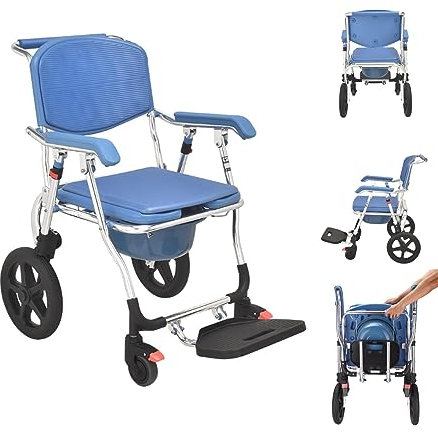 Mobility Assist Toilettenstuhl, 3-in-1 Toilettenstuhl, höhenverstellbar, abnehmbarer Eimer mit gepolstertem Sitz, rollbarer Dusch- und Transportstuhl für ältere Menschen mit Behinderungen,