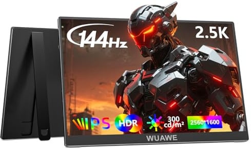 WUAWE - Monitor portátil para juegos de 2,5 K 144 Hz, 16 pulgadas, 100% sRGB 2560 x 1600, HDR, FreeSync, ultra delgado, luz azul, segundo monitor externo de computadora con bajo para PC