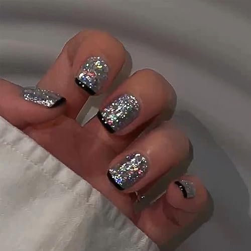 Press on Nails Kurz - Kurze Squoval Schwarzes Glitzer Fake Nails Full Cover Kunstnägel mit Gelee-Kleber, Falsche Nägel Zum Aufkleben Acryl Künstliche Fingernägel für DIY (Schwarz Glitzer, 24x)