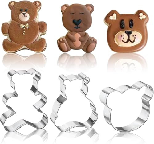 Set di 3 formine per biscotti a forma di orso, in acciaio inox, per il viso di orso e orsacchiotto, per la festa dei bambini