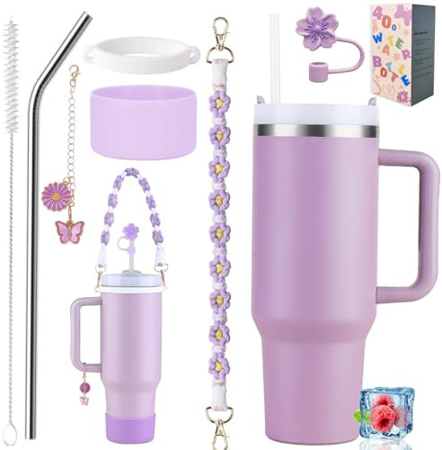 Sanilinwild 40 oz Tumbler Insulated Mug w/Straw & Flip Cap Lids - Cup Holder Bottle with 6 Accessories Set for Hot, Cold Drink - Leak-Proof - Water, Coffee Portable Travel Mug (Lupine Purple)