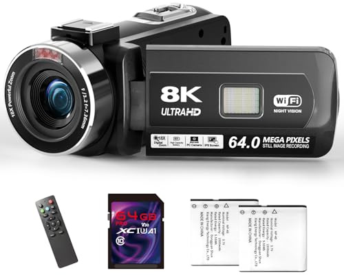8K Videokamera - 64MP UHD Camcorder mit 64GB SD-Karte und 18X WiFi Digitalzoom Vlogging-Kamera mit IR-Nachtsicht für YouTube, 3-Zoll-Touchscreen mit Licht