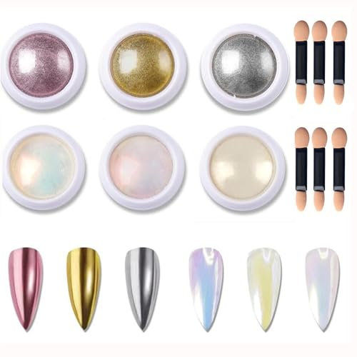 6 Colors Chrome Nail Powder Sets - Rose Gold Nail Chrome powders, White Mermaid Pearl Powder Magic Mirror Effect Nail Powders, Nail Decoration, Nail Art for Gel Nails