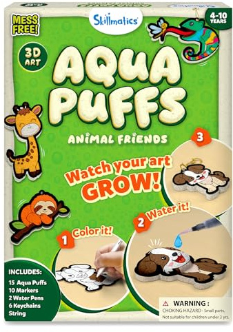 Skillmatics 3D Art Kit - Aqua Puffs Animals, Stocking Stuffers, Paint by Number Craft for Kids, DIY Color & Inflate Activity, Travel & Chirstmas Gift for Girls & Boys Ages 4, 5, 6, 7, 8, 9, 10
