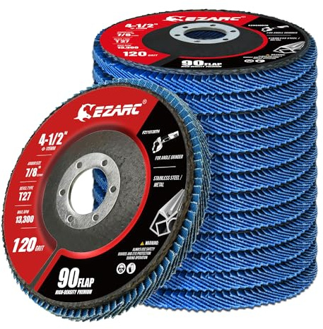 EZARC Zirconia Flap Discs 120 Grit, 115 mm, Type 27 Jumbo, 12 Pack | High-density 90 flaps, 25% more than 72. Zirconia. Type 27. Safe up to 13,300 RPM. For rust removal, grinding and deburring
