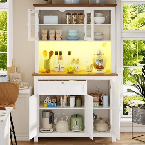 PUGSDRLY Buffet de Cuisine avec éclairage LED,Vitrine,Meuble de Rangement avec étagères réglables,Buffet Haut pour Cuisine,Salon et Salles à Manger,105×40×180 cm (Blanc-B)