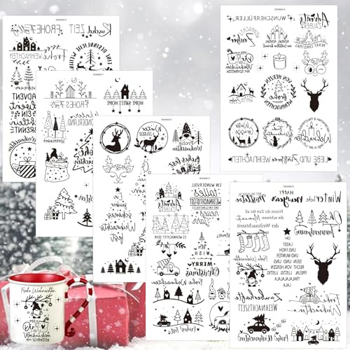 yivom Weihnachten Rub On Sticker Set 6 Stück A5 Selbstklebende Transferaufkleber für Karten, Adventskalender, Glas, Holz, Kerzen, Möbel, Scrapbooking Deko