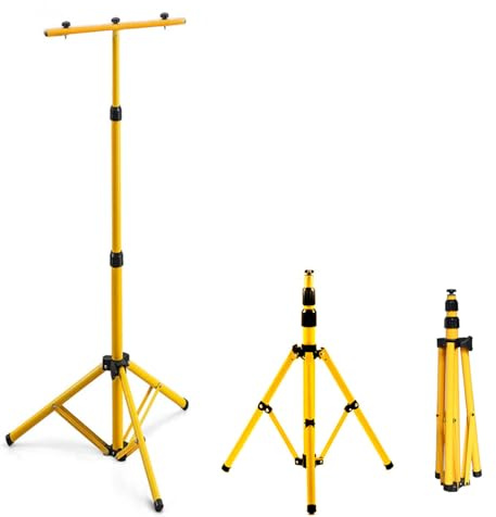 Eikuavons Trépied pour spot de construction, projecteur LED, trépied en acier, lampe de travail, jaune, partie support pour 1, 2 spots, hauteur réglable jusqu'à 1,60 mètre, lampe de construction