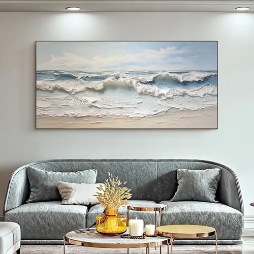 Arte de pared grande para pintura al óleo de olas marinas sobre lienzo, póster de paisaje marino con textura de arte moderno, imágenes de pared, decoración del hogar 75 x 150 cm sin marco
