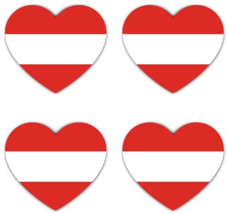 Aufkleber: 75 mm, 4 Stück - Österreich Flagge Herz Sticker Vinyl 4er Set 75 mm 7,5 cm Auto Laptop Helm Koffer