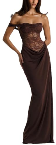 Women's Sexy Lace Maxi Dress High Split Spaghetti Strap Backless Wedding Guest Cocktail Formal Dresses,Brown,S