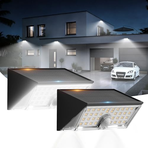 Smiling Shark WL-06L Lampe Solaire Extérieur Detecteur de Mouvement, Double Fonction Applique LED Murale Solaire Exterieur 4 Modes IP65 Projecteur Solaire Blanc Froid pour Jardin Garage, Lot De 2