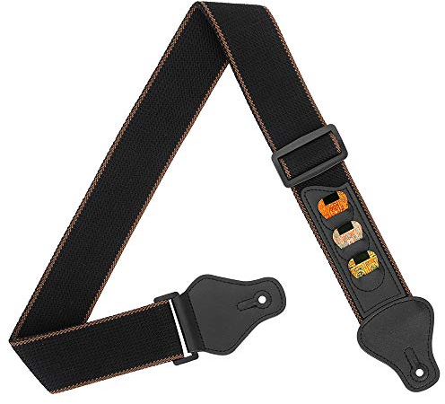 BestSounds Guitar Strap 100% Soft Cotton Guitar Shoulder Strap With 3 Pick Holders For Bass Electric & Acoustic Guitars (Black)