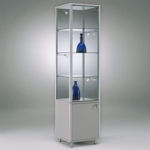 MHN Glasvitrine mit Rollen T 41,5 x B 51,5 x H 183 cm - schmale Ausstellungs-Vitrine mit Unterschrank abschließbar - Glas Vitrinenschrank - Spiegel-Rückwand - ohne Beleuchtung