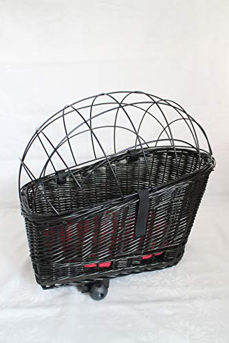 Hundefahrradkorb für Gepäckträger aus Weide mit Metallgitter und Kissen in Schwarz Gepäckträgerkorb Weidenkorb Neu