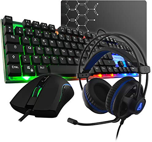 THE G-LAB Set da gioco 4 in 1 con tastiera Gamer AZERTY retroilluminata, mouse Gamer 2400 DPI, microfono cuffie da gioco, tappetino per mouse, confezione da gamer PC PS4/PS5 Xbox One/Series X