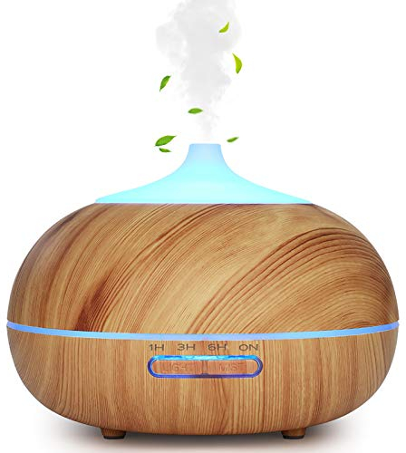 WD&CD Aroma Diffuser Luftbefeuchter 300ml Leichte Holzmaserung, Ultraschall Vernebler Duftlampe Öle Diffusor mit 7 Farben LED Wasserlose Abschaltautomatik für Schlafzimmer, Büro, Yoga, Spa