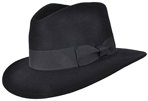 Hand Made Crushable Felt Fedora HAT 100% Wool Elegant Gents HAT with Wide Band Indiana Style (Black, Medium 57 cm)