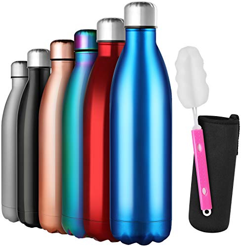 GeeRic Bouteille d'eau en Acier Inoxydable, Bouteille d'eau en Métal à Double Paroi Isolée sous Vide 12 Heures Chaudes et 24 Heures Boissons Froides Bouteilles 750Ml Bleu