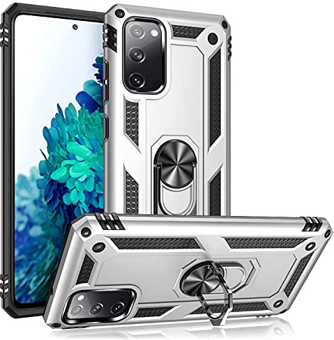 NALIA Panzerhülle für Samsung Galaxy S20 FE - Ring-Ständer 360° & Magnet-Halterung Kompatibel - RINGDEFEND (Stoßfestes Outdoor Case) - Marke aus Berlin, Farbe:Silber