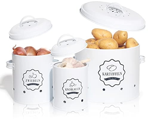 SYLANDO Aufbewahrung Kartoffeln Set,Vorratsdose Kartoffeln, Zwiebeltopf Kartoffeltopf Knoblauchtopf, Großer Vorratsbehälter aus Metall, Weiß