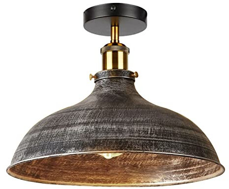 LEDSone Vintage Retro Industrial Semi Flush Mount Ceiling Light LED Lamp Fixture Kitchen Light Ceiling Metal Large Rustic 36cm Shade Pendant Lampshade Fitting for Bedroom Farmhouse (Brushed Silver)