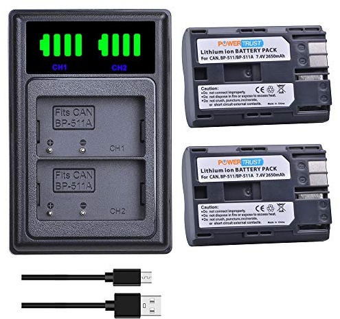 PowerTrust 2Pcs BP-511 BP-511A Akku und Ladegerät Kompatibel mit Canon EOS 300D, 5D, 10D, 20D, 30D, 40D, 50D, PowerShot G1 G2 G3 G5 G6 90 90IS