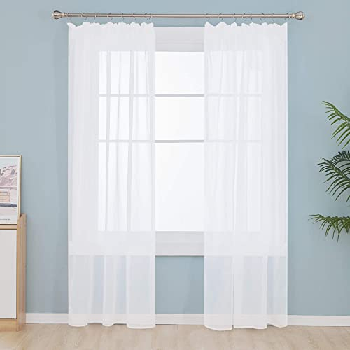 Deconovo Gardinen Voile Vorhangschals mit Kräuselband für Schinensystem Wohnzimmer, Weiß, 260x140 cm(HöhexBreite), 2er Set