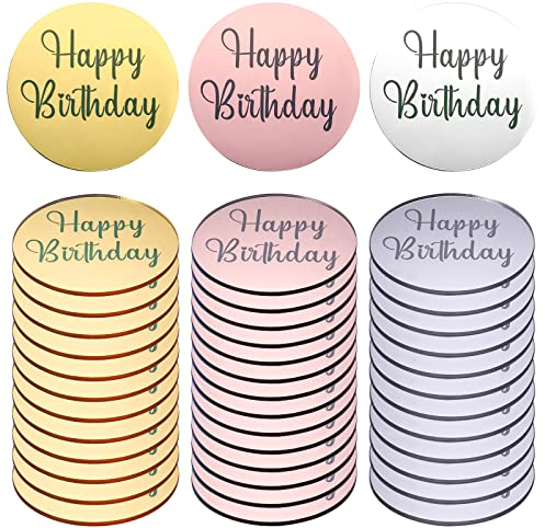 AIEX 33 Stück Happy Birthday Topper Acryl, Happy Birthday Topper Personalisiert Spiegel Acryl Cupcake Topper Mini Cupcake Topper Custom Cake Topper Name (Gold, Silber und Roségold, Rund)