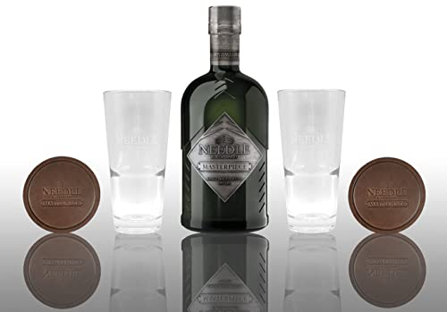 Needle Masterpiece Set - Blackforest Gin 0,5L (45% Vol) + 2x Longdrink Glas und 2 handgegerbte Leder Untersetzer Gratis - [Enthält Sulfite]