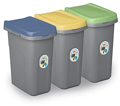 Home Centre Set of Three 15L Lift Top Lid Waste Bins Kitchen School Slim Recycling General Trash & Storage Recycled Rubbish Organiser Container Dustbin Sturdy Quality Made in Italy