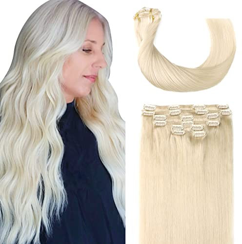 Sindra Clip in Extensions Echthaar Human Hair 14 Zoll 35cm 6 Stück 100 Gramm Platinblonde Clip in Haarverlängerung Seidig Natürliche Echthaar Extensions C#60 14 Zoll