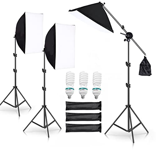 Softbox Set Fotostudio, Andoer 3 x 50 x 70cm Softbox Beleuchtungsset mit 3 135W Fotolampe, 3 2M Lichtstativ, Auslegerarm für YouTube, Tiktok Videoaufnahmen, Studio Porträts, Fotografie