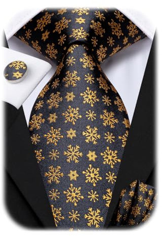 Hi-Tie Herren Weihnachtskrawatte Set Krawatte Einstecktuch Manschettenknöpfe Set Match Rentier Schneeflocke Xmas Baum Muster für Hochzeit Prom,Schwarzgoldene Schneeflocke