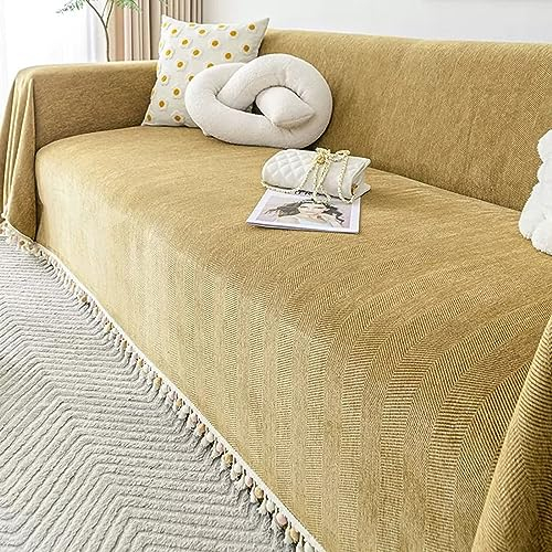 Mesnt Sofabezug 4 Sitzer, Chenille Wohndecke als Sofadecke, Couch Überwürf, Sofa Überzug Fischgrätenmuster, einfarbig, mit Quaste Kurkuma, 180x400CM