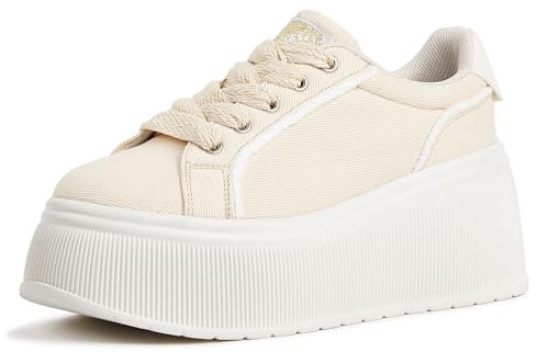LUCKY STEP Zapatillas de Moda para Mujer con Plataforma | Zapatos Clásicos con Cuña de Lona Casual Bajas Retro para Caminar (Beige, 9US-40EU-7UK)