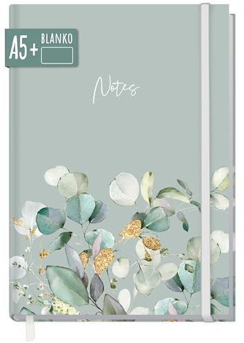 Häfft paper&you® Notizbuch A5+ blanko mit Gummiband Minty Leaves 156 Seiten, 78 Blatt - als Bullet Journal Skizzenheft Skizzenbuch Tagebuch Notizheft - nachhaltig & klimafreundlich