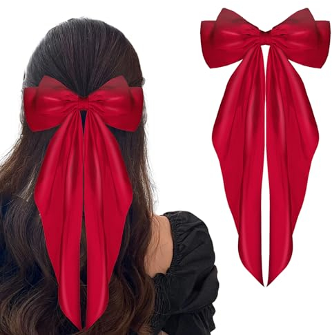 WLLHYF Mollette per capelli in raso e seta, a coda lunga, con fiocco francese, in metallo, per donne, ragazze, matrimoni, feste di compleanno (rosso)