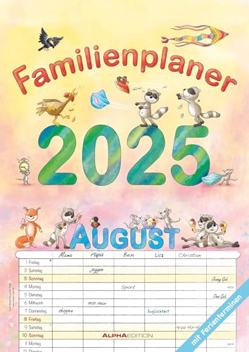 Alpha Edition - Familienplaner Cartoon 2025 Familienkalender, 29,7x42cm, Kalender mit 6 Spalten für Termine, Ferienterminen (DE/AT/CH) und viel Platz ... von Bayer Design: by Silke Leskien