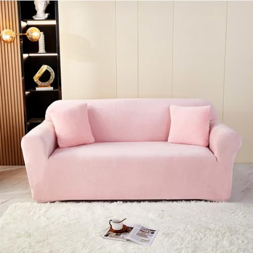 Hiseng Velluto Copridivano 1 2 3 4 Posti, Tinta Unita Copridivano Elasticizzato, Universale Copridivano con Braccioli Spandex Antiscivolo Copri Divano (4 posti,Rosa)