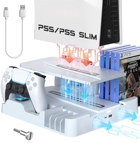 JUSEISIN Station de charge pour PS5 avec ventilateur de refroidissement et support de carte de jeu, ventilateur à 3 compartiments, pour consoles PS5/Slim/Pro, double manette, station de charge rapide